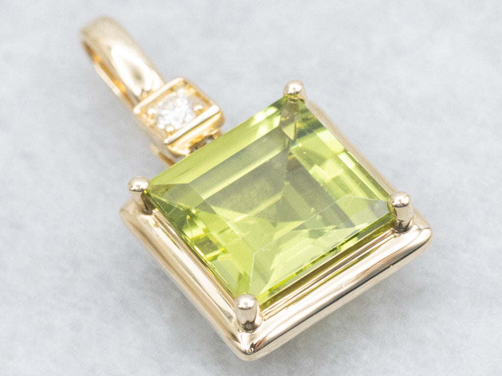 Square-Cut Peridot and Diamond Modern Gold Pendant
