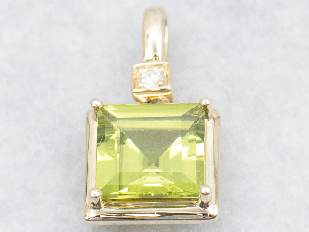 Square-Cut Peridot and Diamond Modern Gold Pendant
