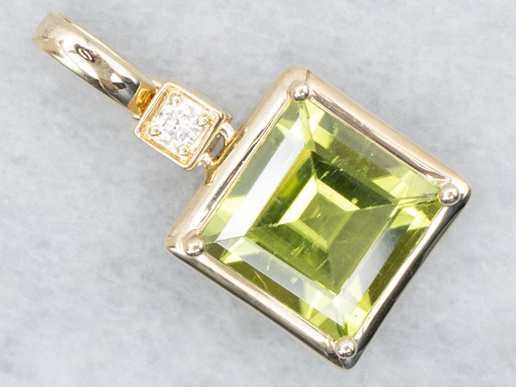 Square-Cut Peridot and Diamond Modern Gold Pendant
