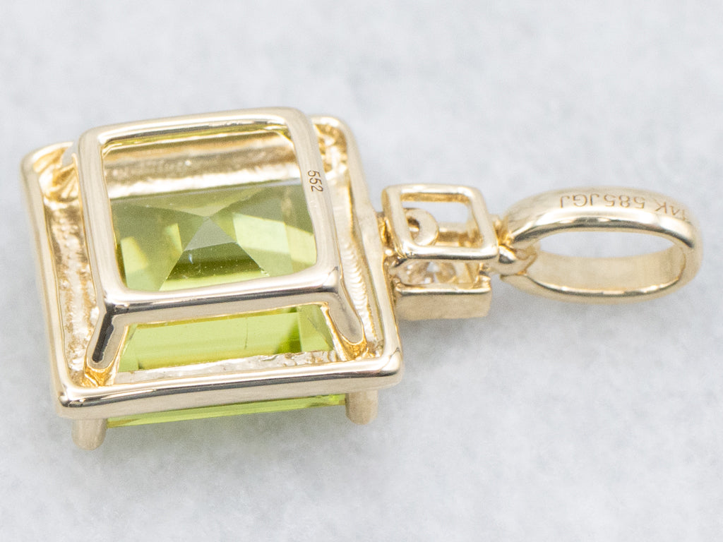 Square-Cut Peridot and Diamond Modern Gold Pendant