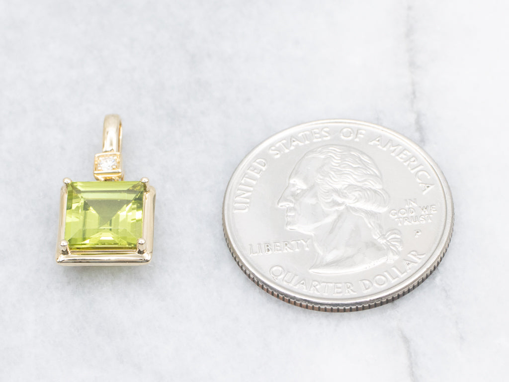 Square-Cut Peridot and Diamond Modern Gold Pendant