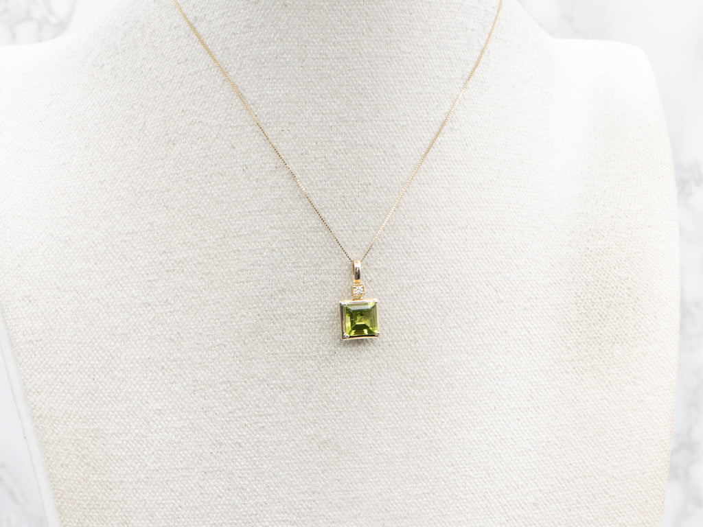 Square-Cut Peridot and Diamond Modern Gold Pendant