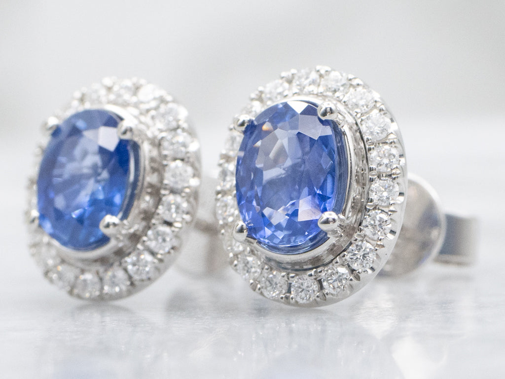 White Gold Sapphire and Diamond Halo Stud Earrings