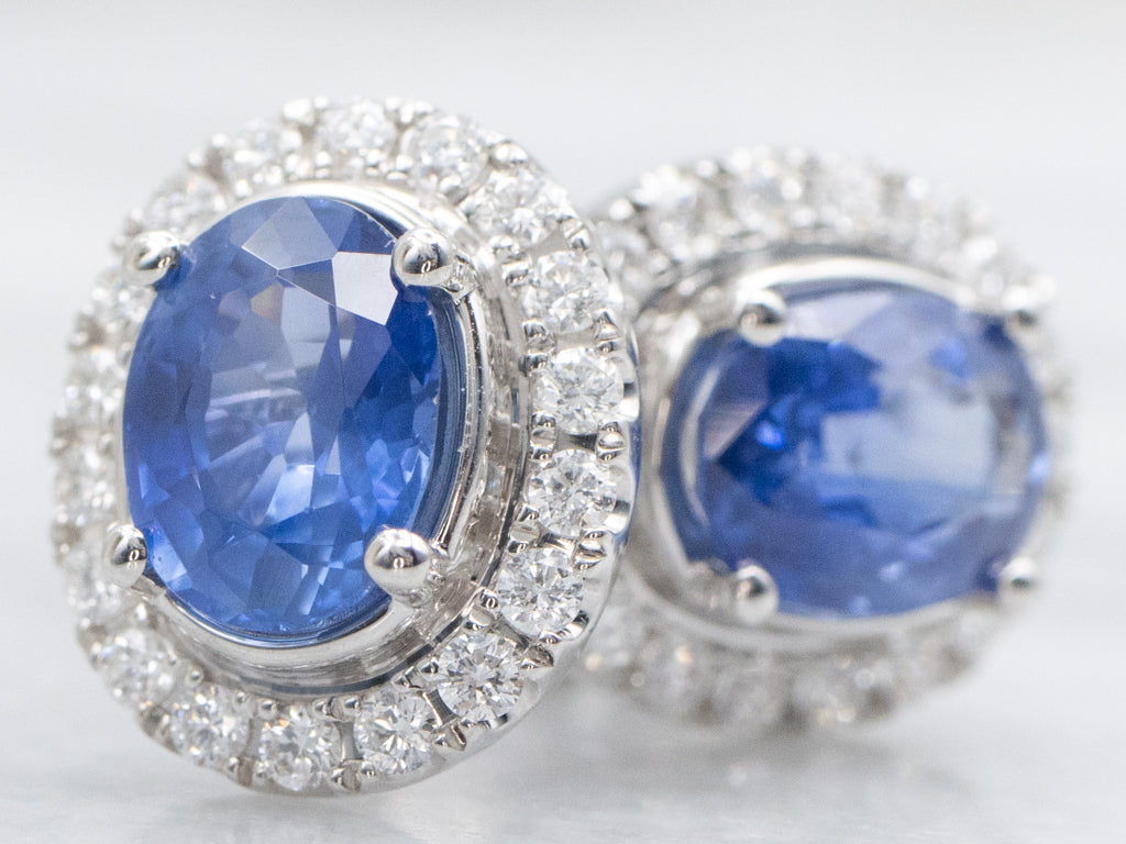 White Gold Sapphire and Diamond Halo Stud Earrings