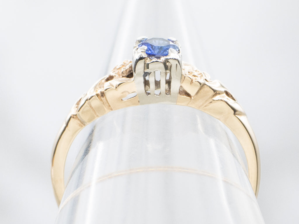 Vintage 1940s Sapphire Solitaire Ring with Floral Details