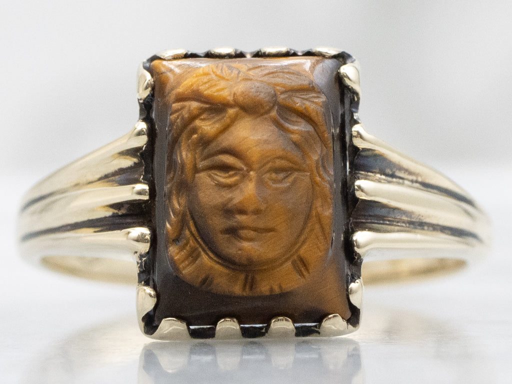 Vintage Gold Tiger's Eye Cameo Ring with Grooved Shoulders
