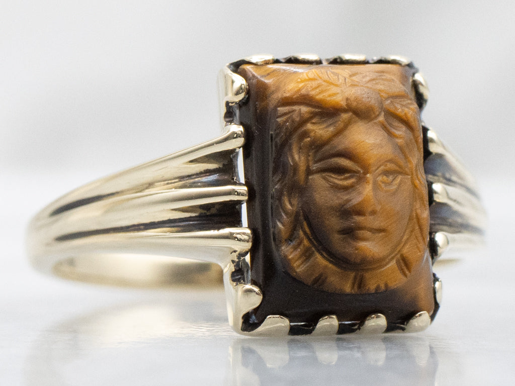Vintage Gold Tiger's Eye Cameo Ring with Grooved Shoulders