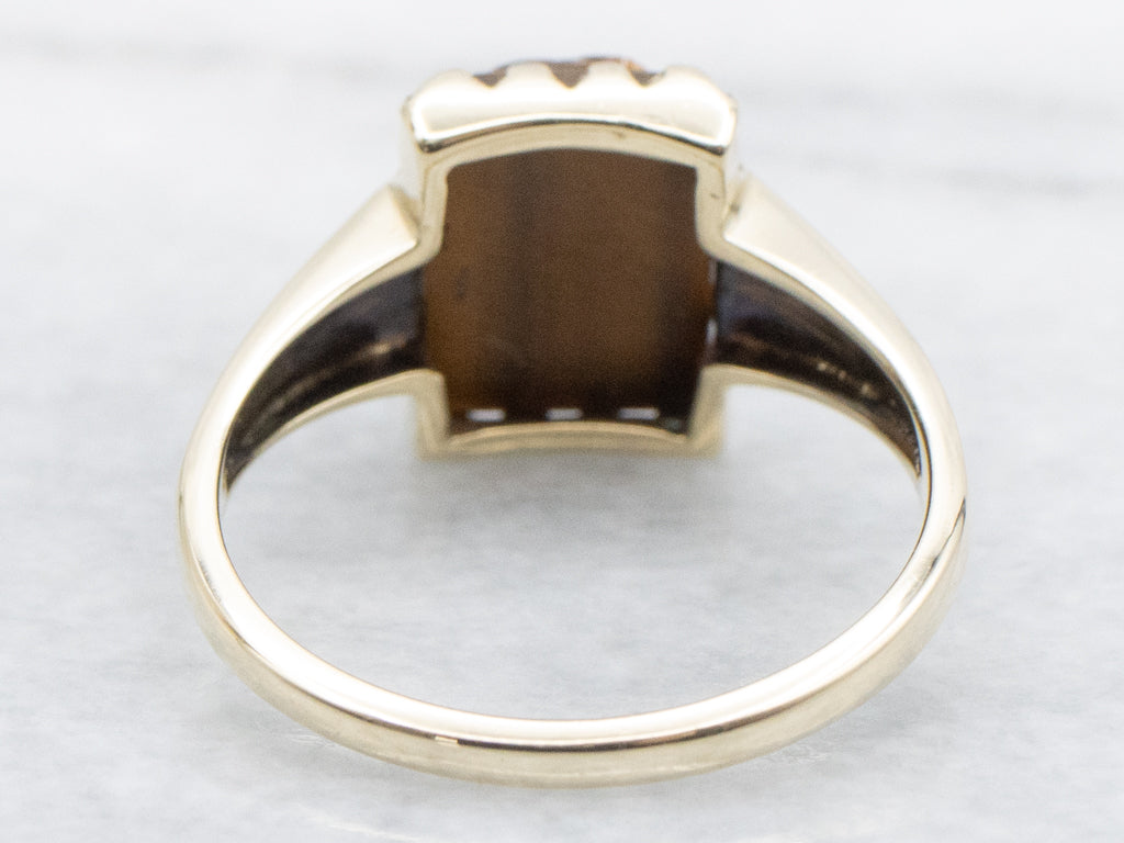 Vintage Gold Tiger's Eye Cameo Ring with Grooved Shoulders