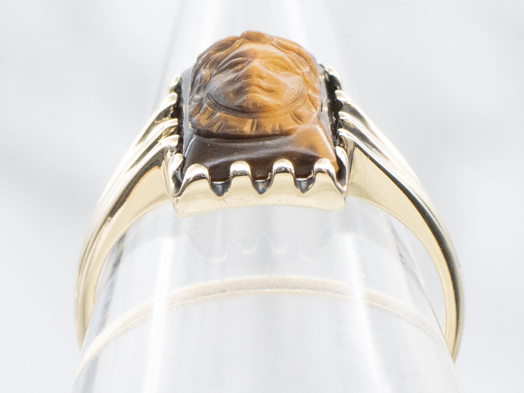 Vintage Gold Tiger's Eye Cameo Ring with Grooved Shoulders