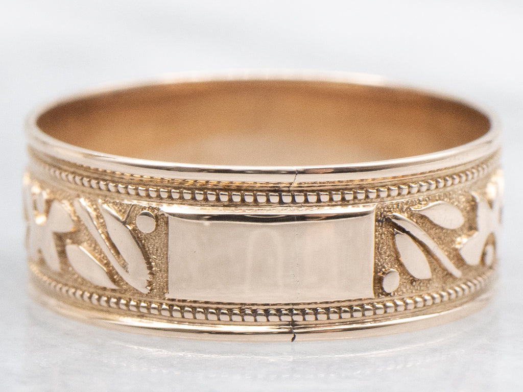 Victorian Era Floral Patterned Rose Gold Cigar Band with Engravable Center
