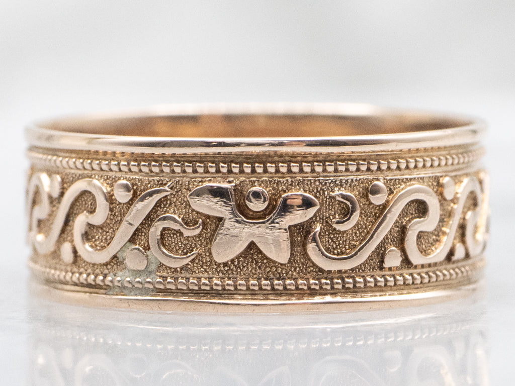 Victorian Era Floral Patterned Rose Gold Cigar Band with Engravable Center