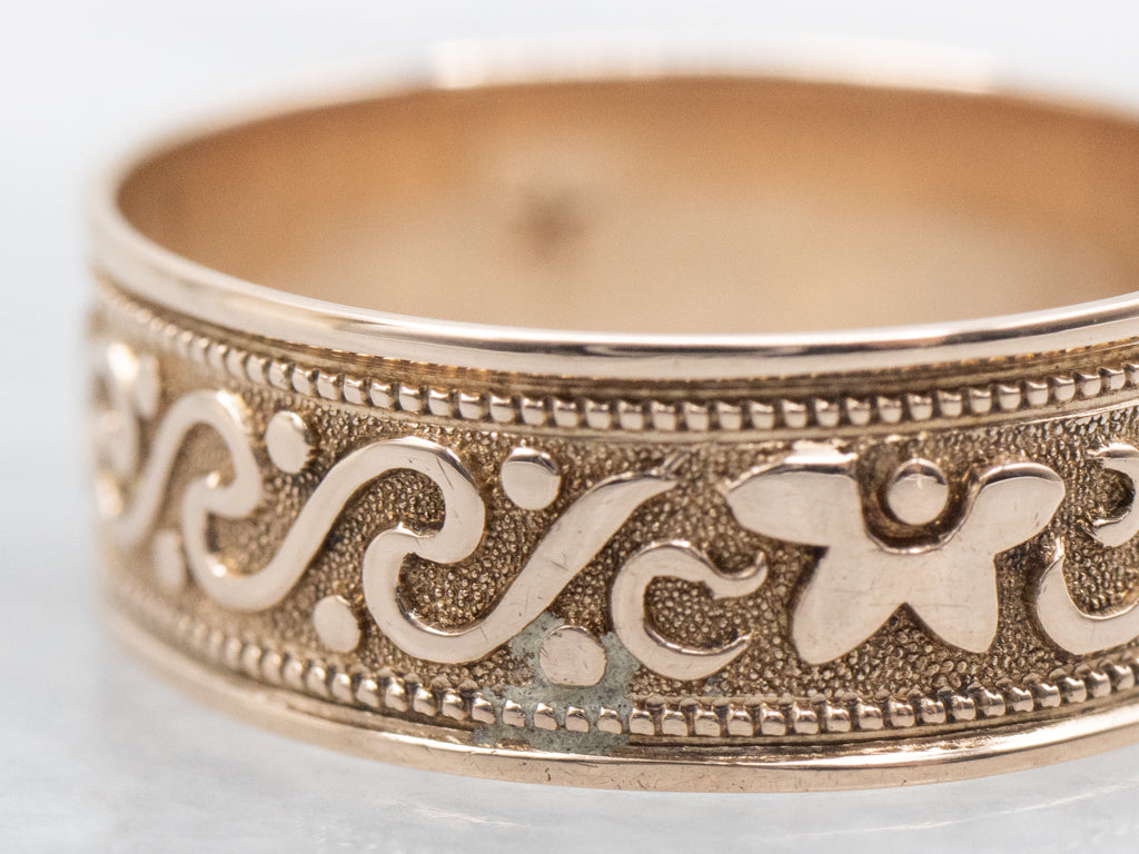 Victorian Era Floral Patterned Rose Gold Cigar Band with Engravable Center