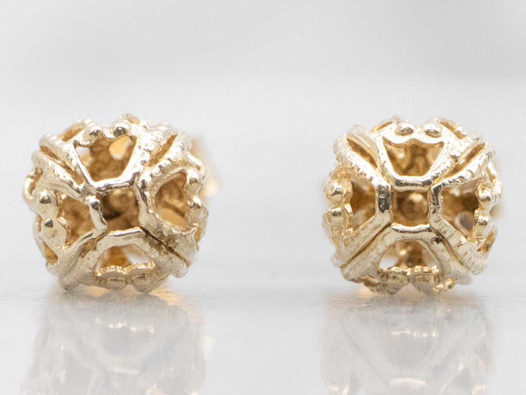 Vintage Yellow Gold Filigree Ball Stud Earrings