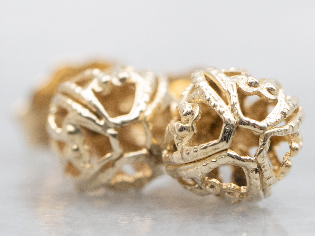 Vintage Yellow Gold Filigree Ball Stud Earrings