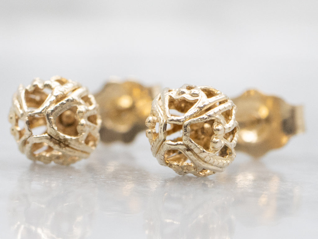Vintage Yellow Gold Filigree Ball Stud Earrings