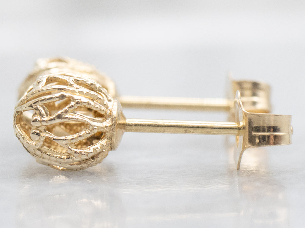 Vintage Yellow Gold Filigree Ball Stud Earrings