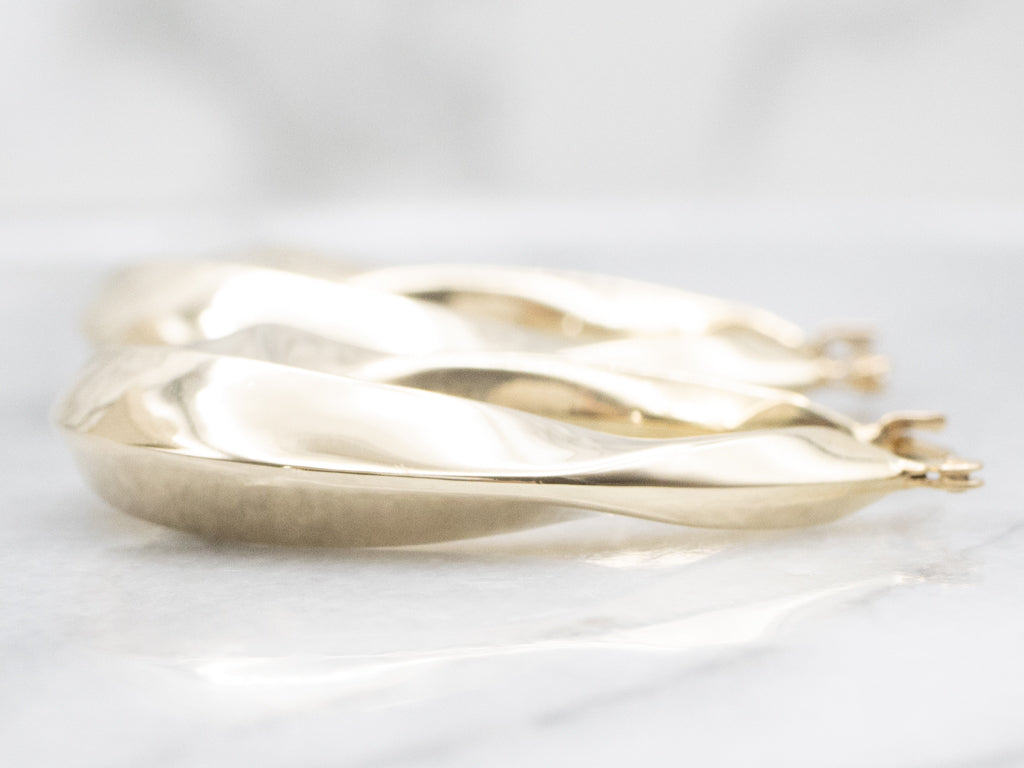 Vintage Yellow Gold Twisted Puffy Hoop Earrings