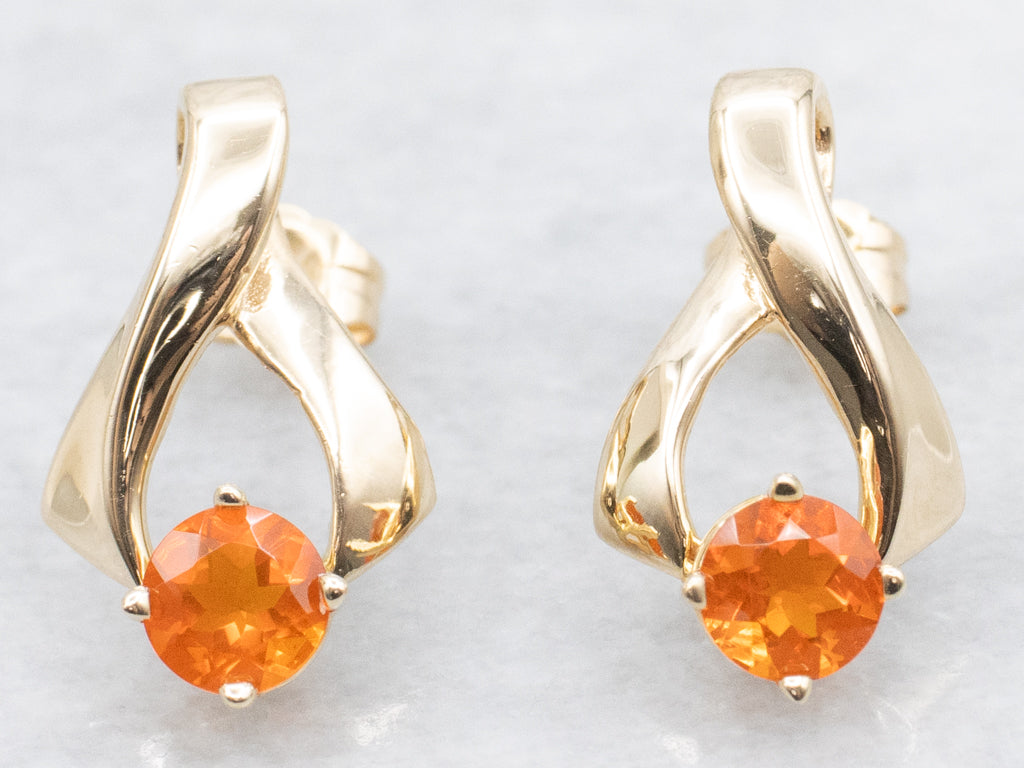 Fire Opal Yellow Gold Ribbon Twist Stud Earrings