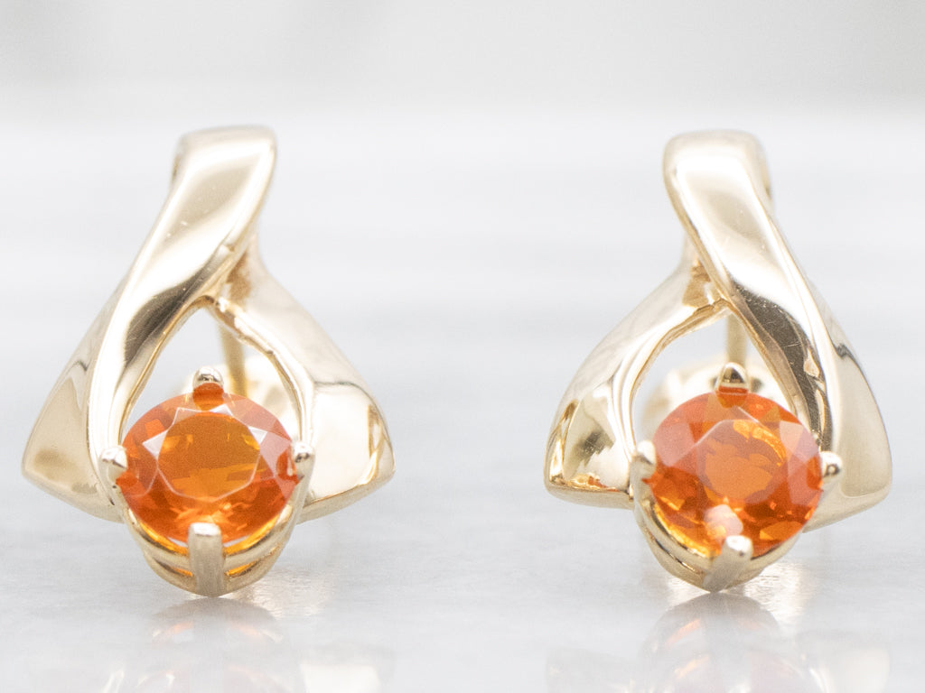 Fire Opal Yellow Gold Ribbon Twist Stud Earrings