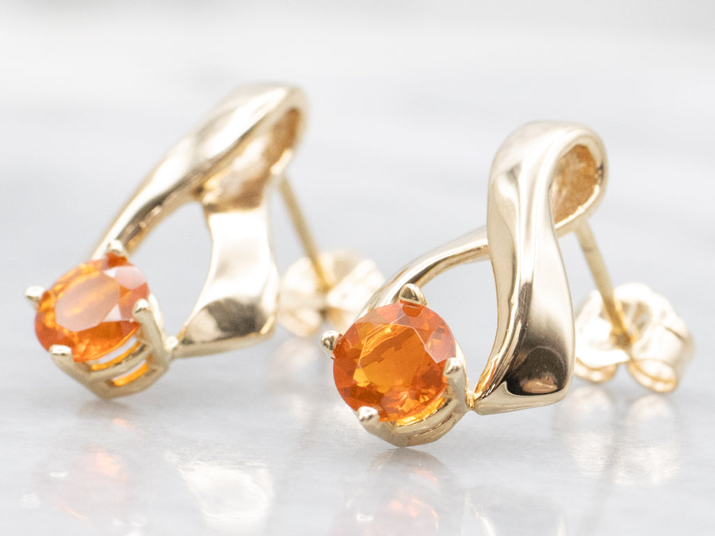 Fire Opal Yellow Gold Ribbon Twist Stud Earrings