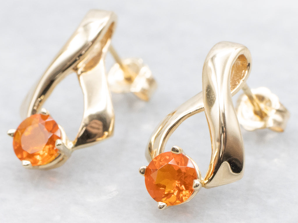 Fire Opal Yellow Gold Ribbon Twist Stud Earrings