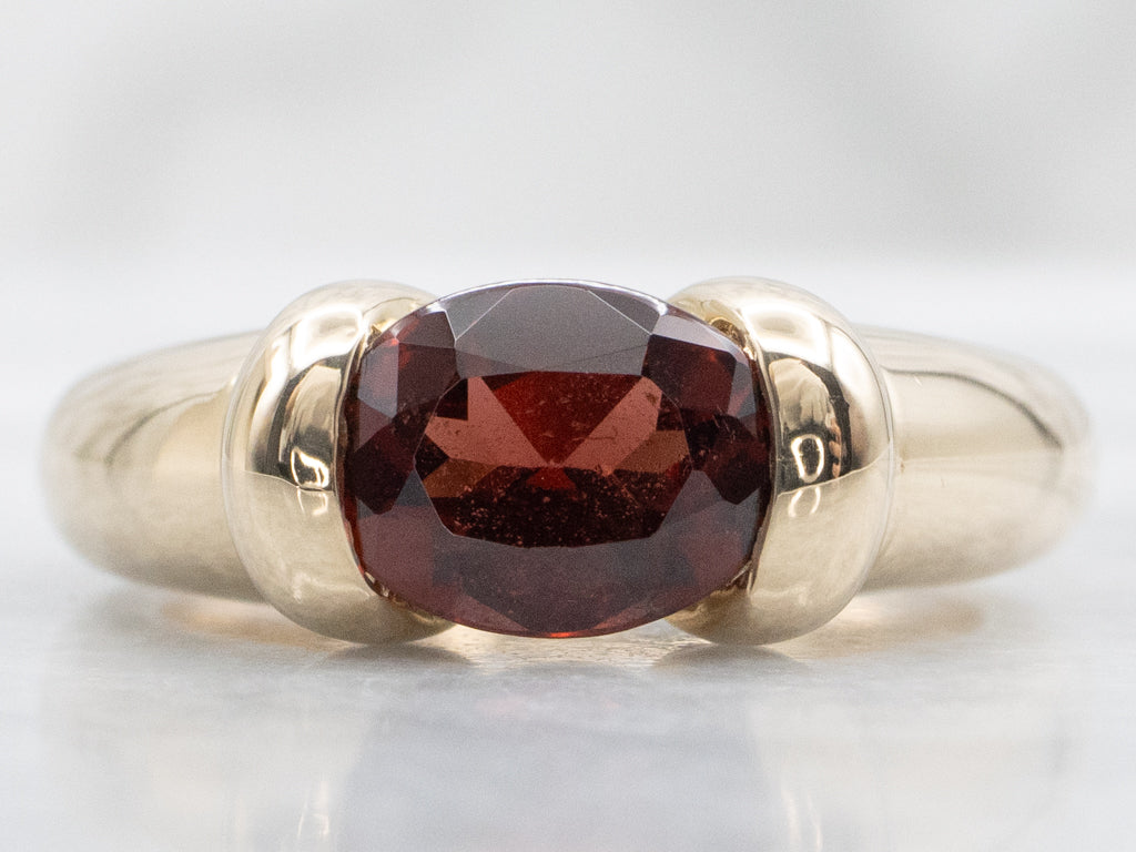 Vintage East-to-West Set Garnet Yellow Gold Solitaire Ring