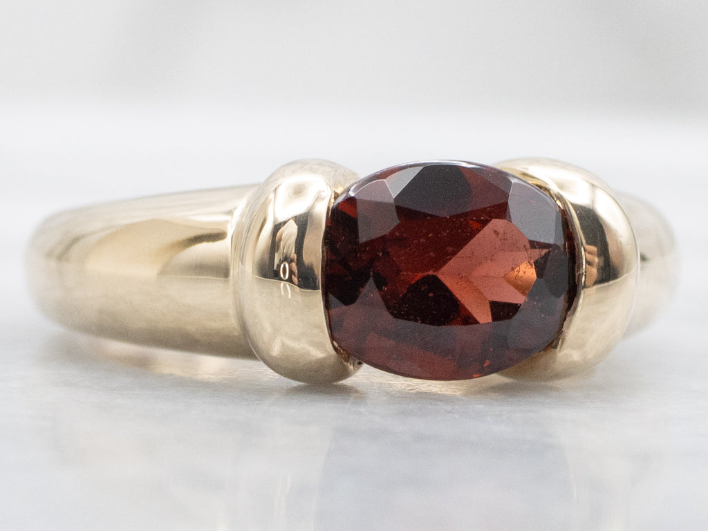 Vintage East-to-West Set Garnet Yellow Gold Solitaire Ring