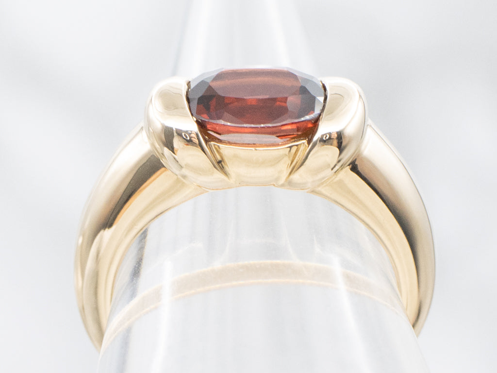 Vintage East-to-West Set Garnet Yellow Gold Solitaire Ring