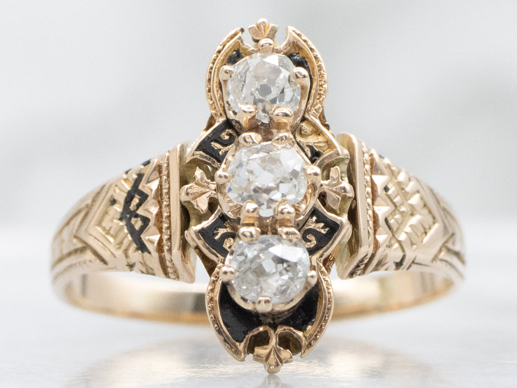 Victorian-Era Old Mine Cut Diamond Three Stone Gold and Enamel Ring