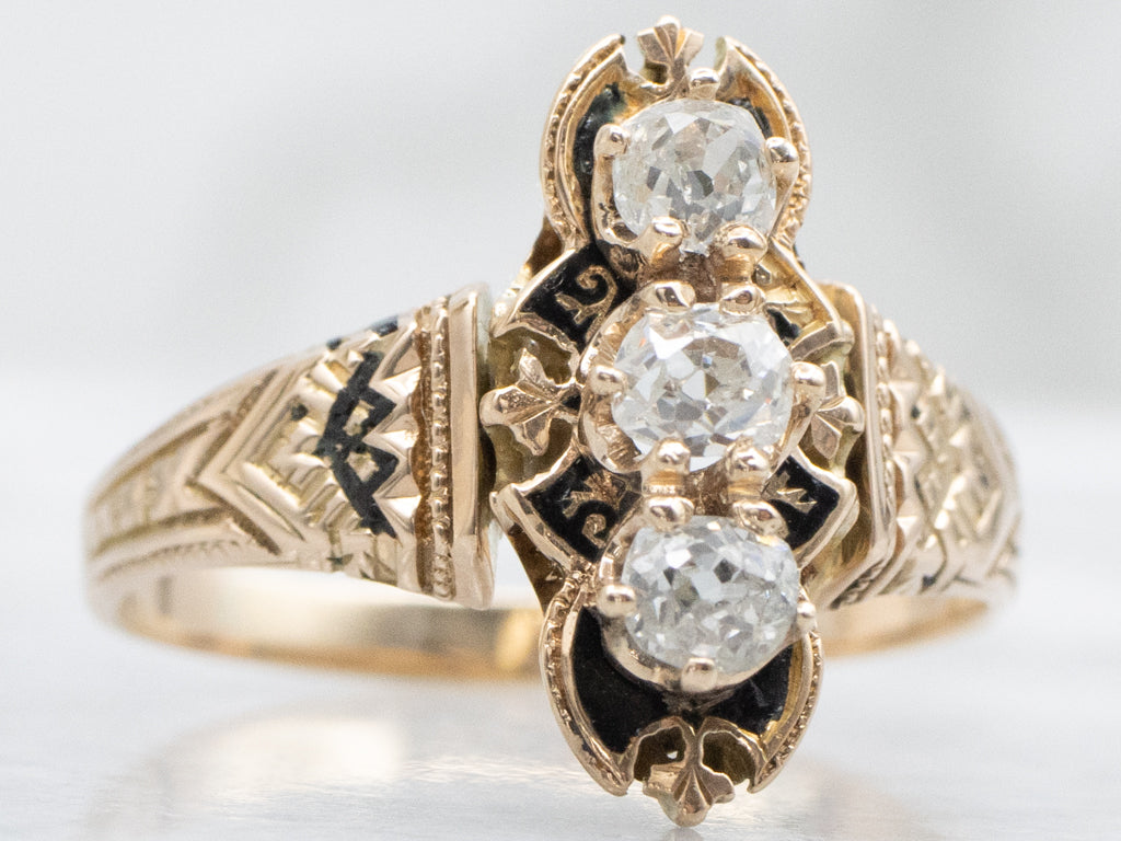 Victorian-Era Old Mine Cut Diamond Three Stone Gold and Enamel Ring