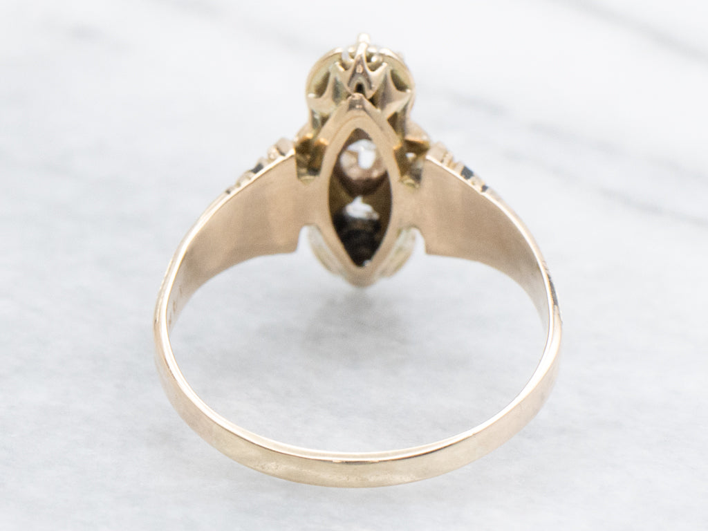 Victorian-Era Old Mine Cut Diamond Three Stone Gold and Enamel Ring