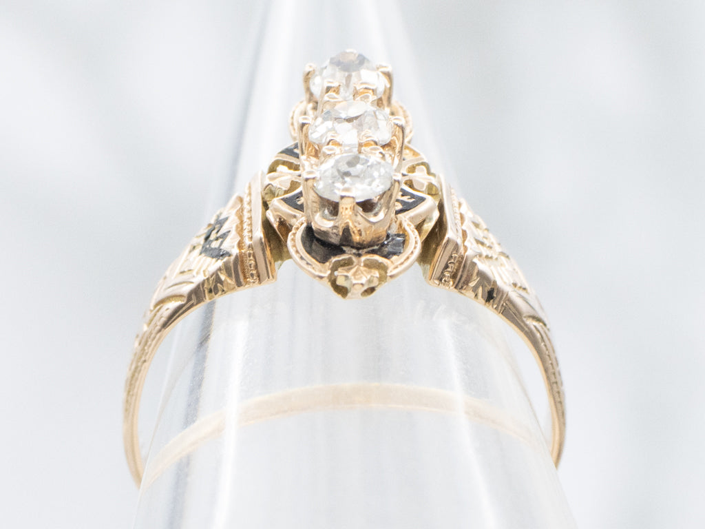 Victorian-Era Old Mine Cut Diamond Three Stone Gold and Enamel Ring