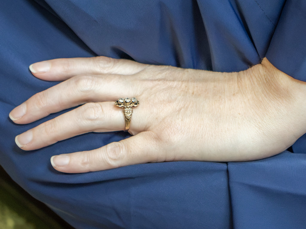 Victorian-Era Old Mine Cut Diamond Three Stone Gold and Enamel Ring