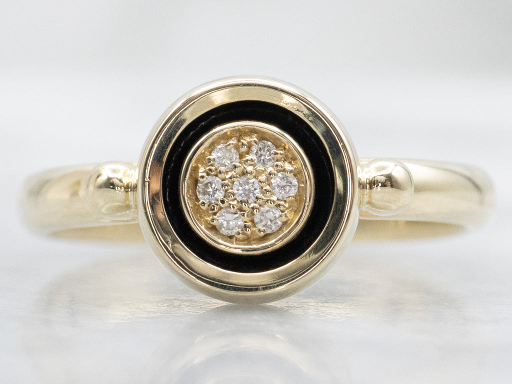 Vintage Gold and Black Enamel Diamond Cluster Bullseye Ring
