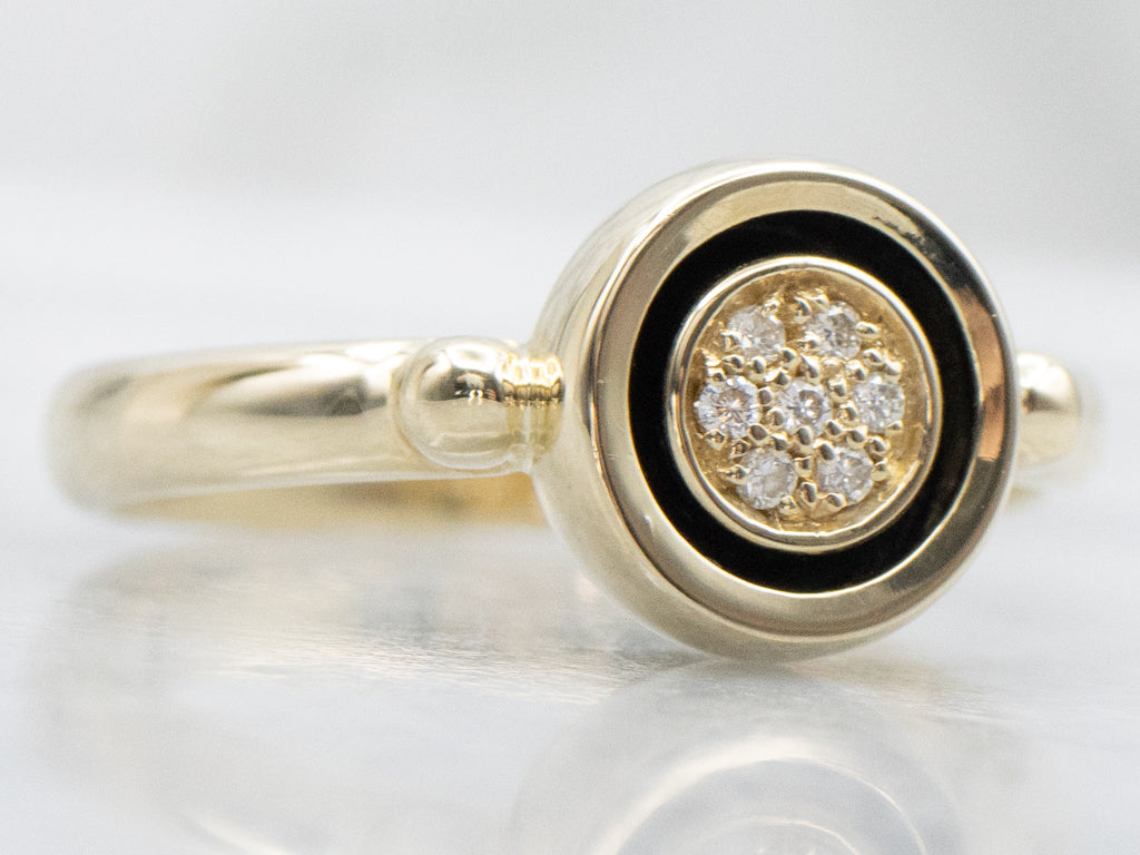 Vintage Gold and Black Enamel Diamond Cluster Bullseye Ring