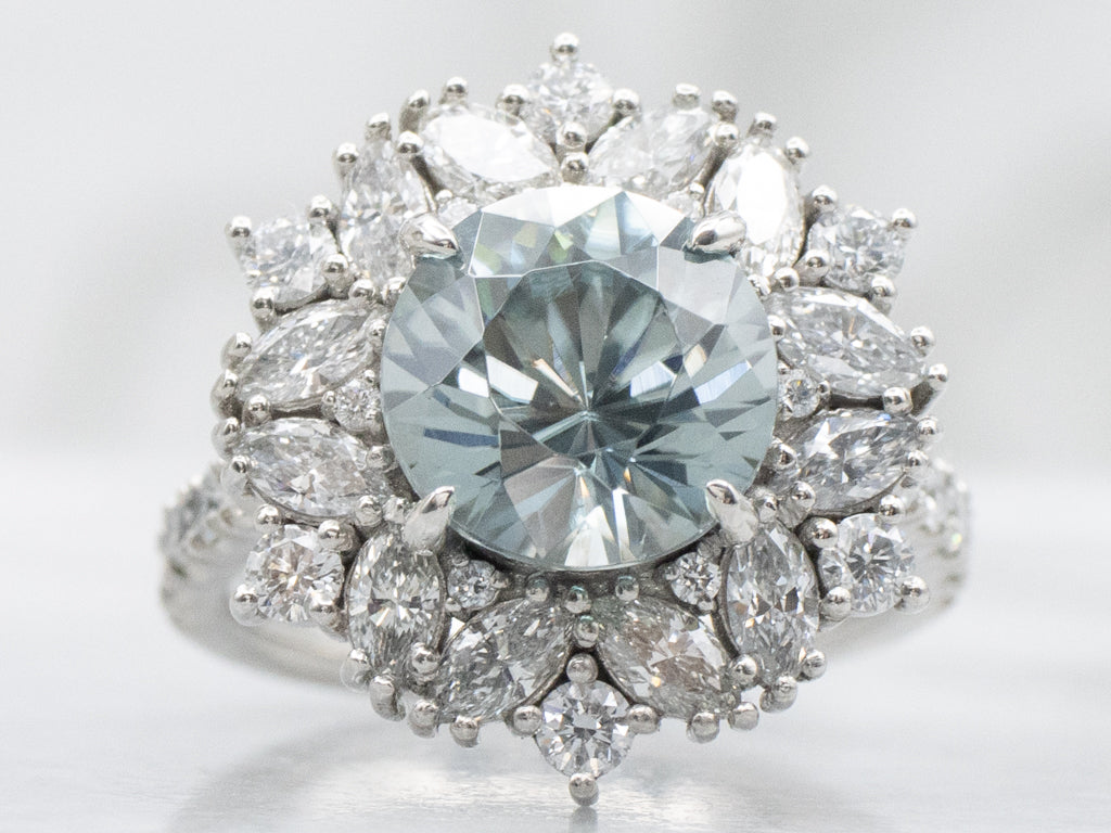 Platinum Blue Zircon and Marquise Diamond Statement Ring
