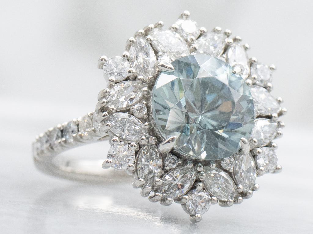 Platinum Blue Zircon and Marquise Diamond Statement Ring