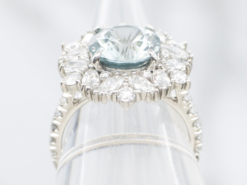 Platinum Blue Zircon and Marquise Diamond Statement Ring