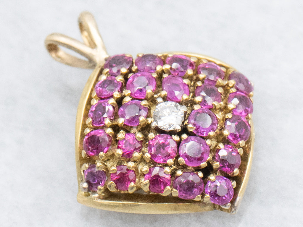Diamond and Ruby Cluster Domed Gold Pendant