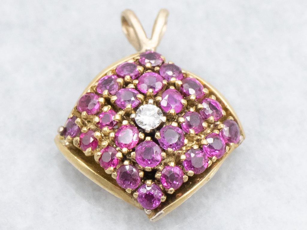 Diamond and Ruby Cluster Domed Gold Pendant
