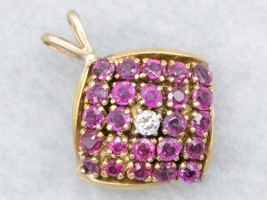 Diamond and Ruby Cluster Domed Gold Pendant