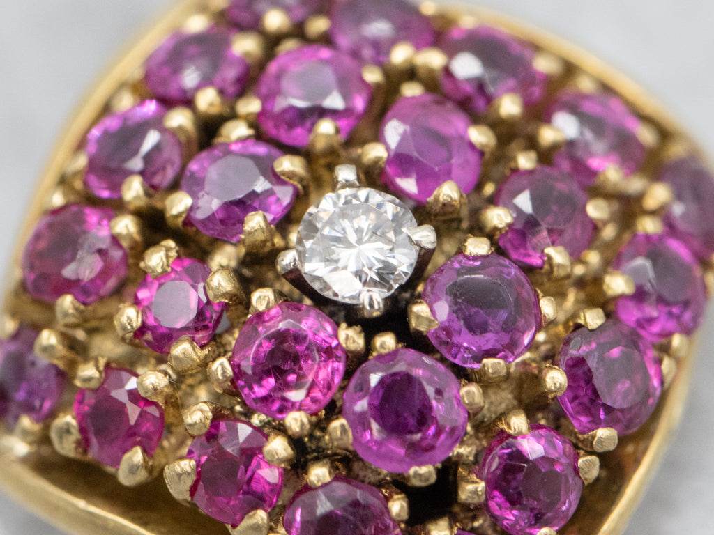 Diamond and Ruby Cluster Domed Gold Pendant