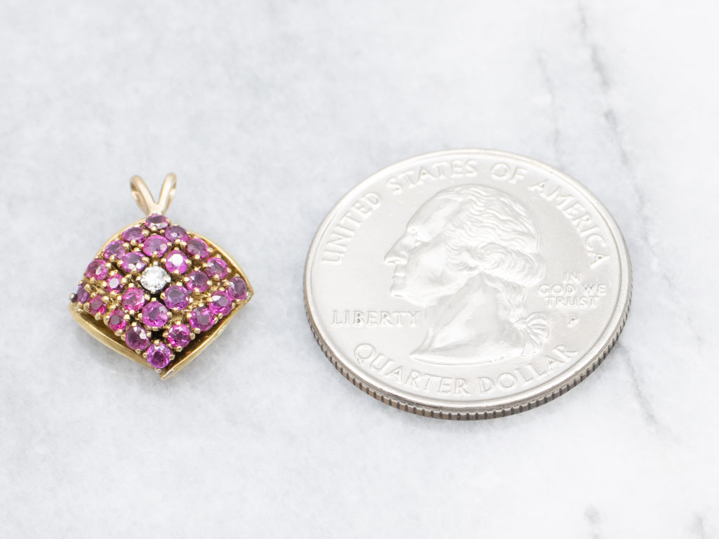 Diamond and Ruby Cluster Domed Gold Pendant