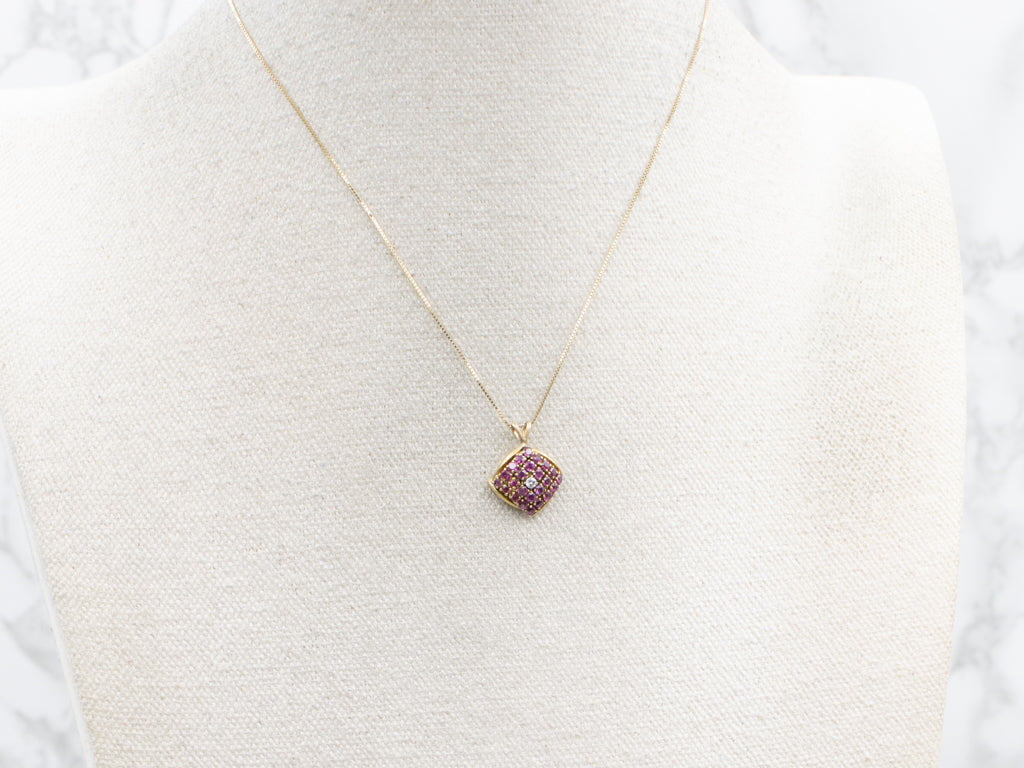 Diamond and Ruby Cluster Domed Gold Pendant