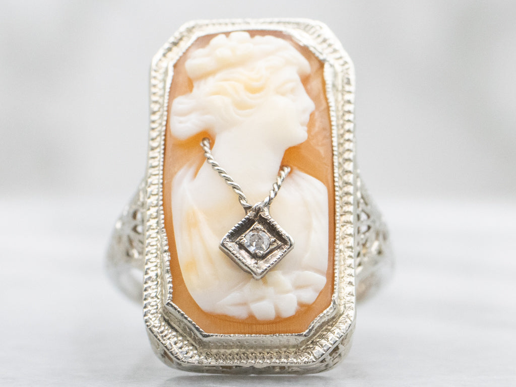 Cameo and Diamond Circa 1920 White Gold Filigree Ring