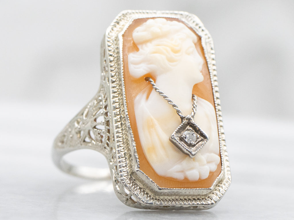 Cameo and Diamond Circa 1920 White Gold Filigree Ring
