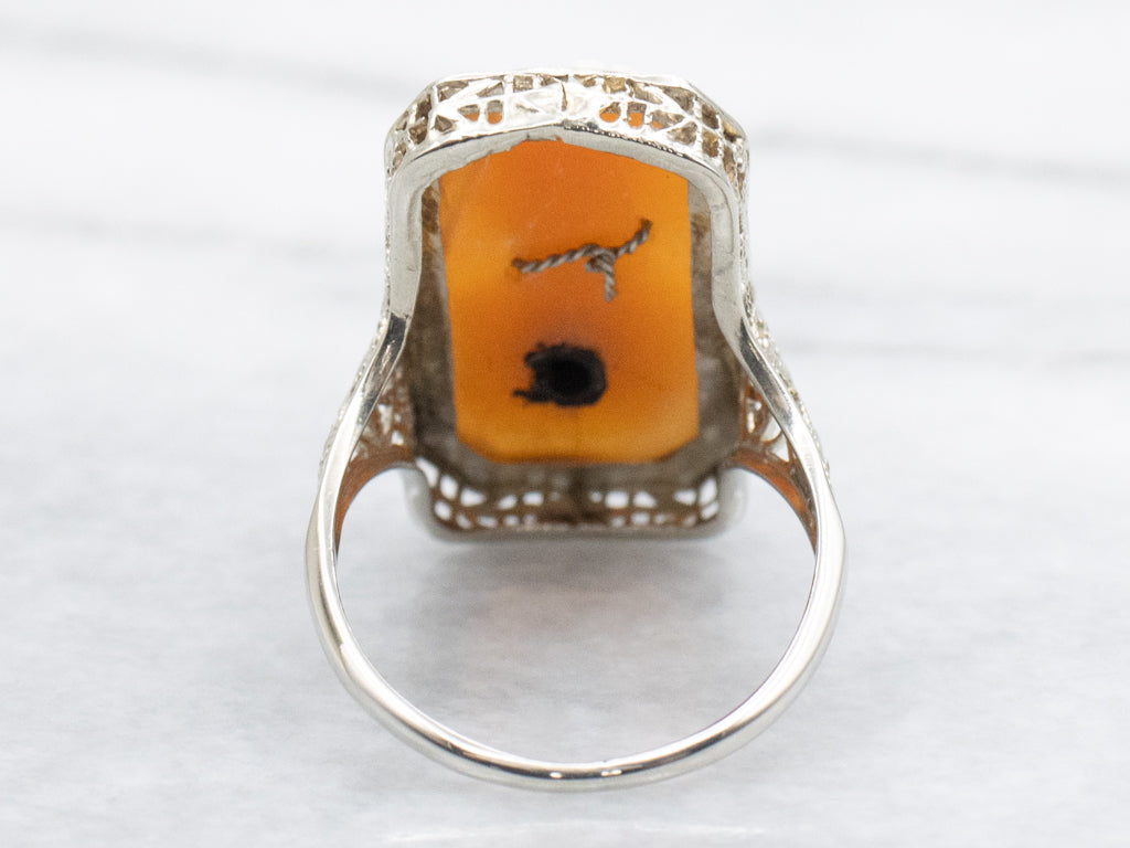 Cameo and Diamond Circa 1920 White Gold Filigree Ring