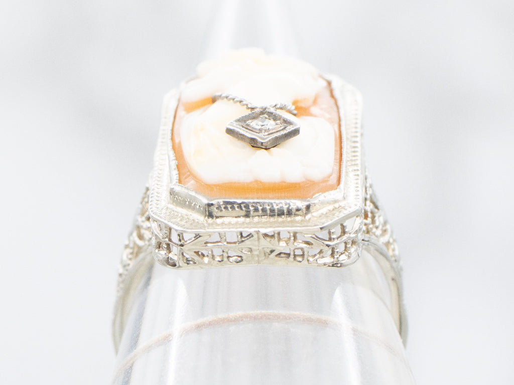 Cameo and Diamond Circa 1920 White Gold Filigree Ring