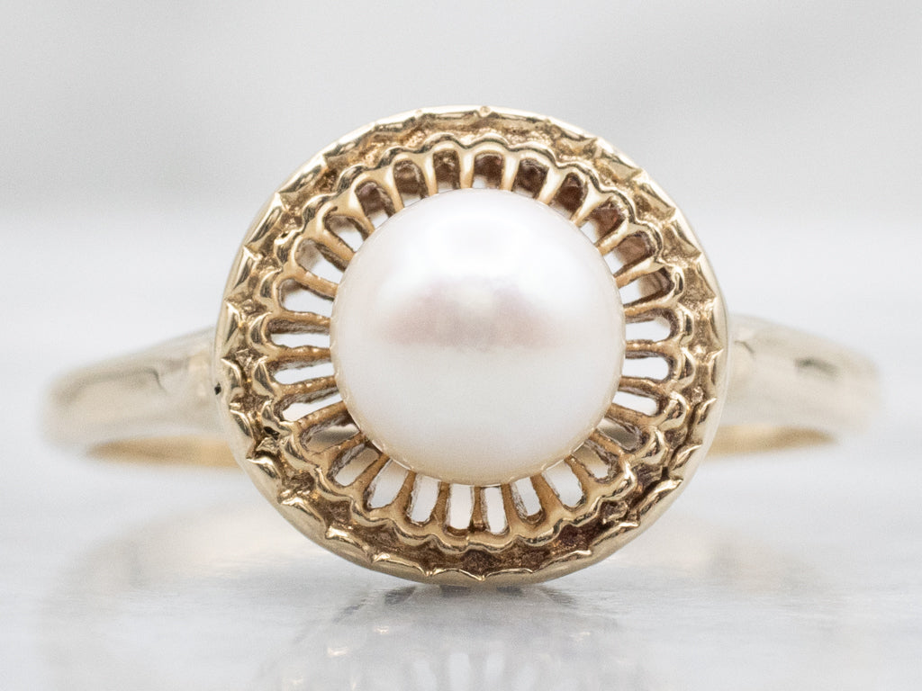 Vintage Gold Pearl Solitaire Filigree Ring