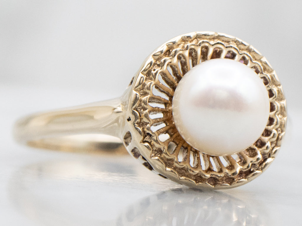 Vintage Gold Pearl Solitaire Filigree Ring